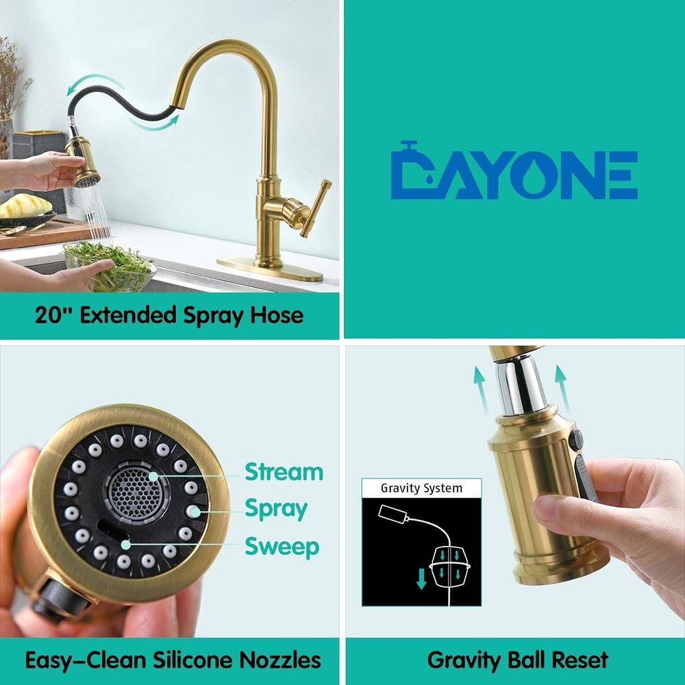 DAYONE Pull Down Single Handle Kitchen Faucet with Magnetic Docking Sprayer, One Hole High Arc Kitchen Sink Faucets with Soap Dispense