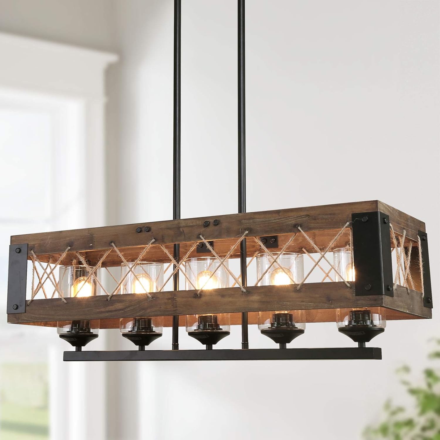 Laluz Farmhouse Chandelier 5 Light Kitchen Island Lighting With Clear Glass Wood And Black Finish 32 Inches