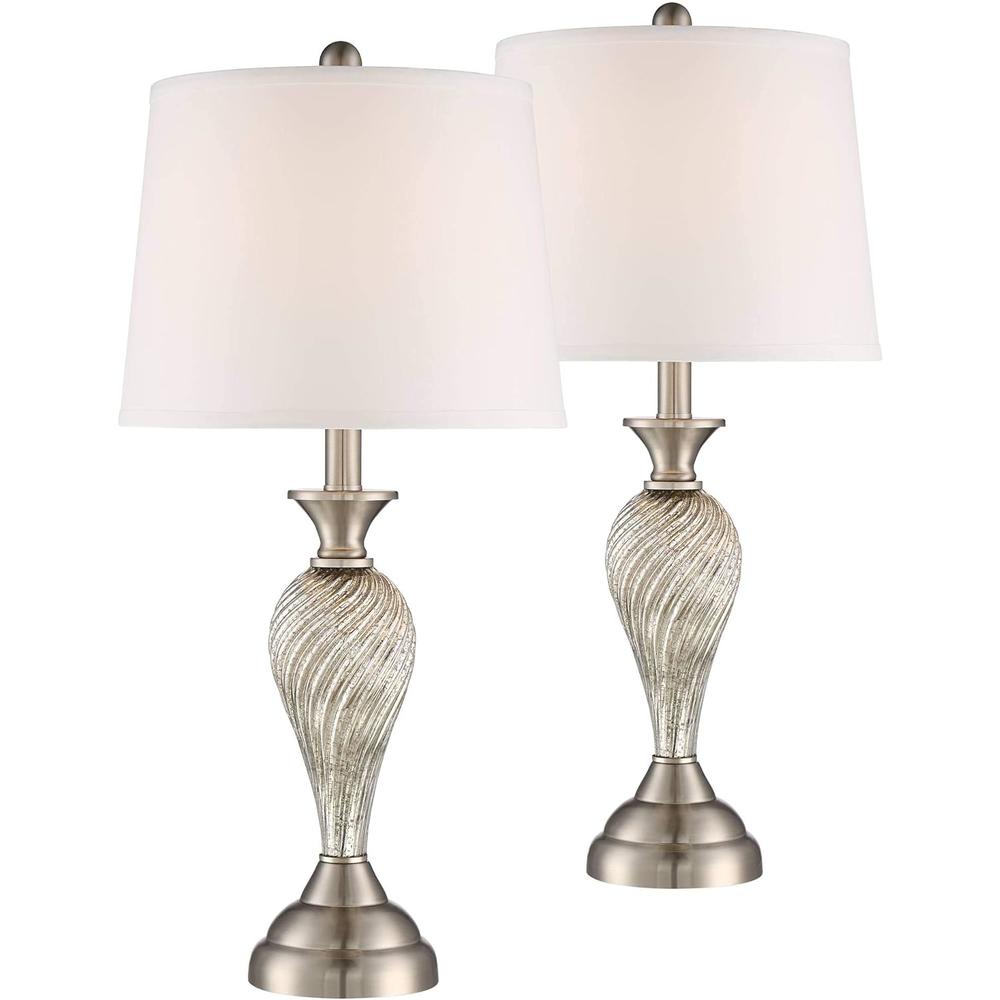 Regency Hill Arden Traditional Table Lamps Set of 2 Silver Mercury Glass Twist White Empire Shade Decor for Living Room Bedroom House Bedsid