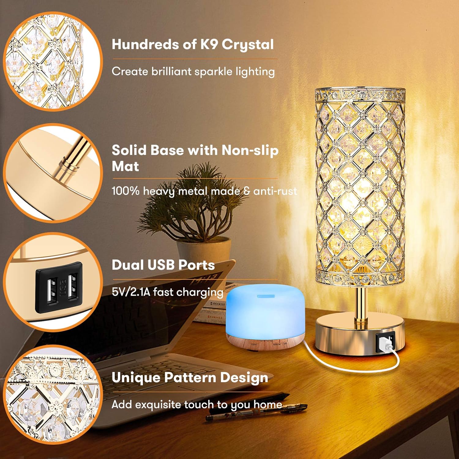 Tobusa Touch Control Crystal Table Lamp, Touch Control Crystal Table Lamp With Usb Port
