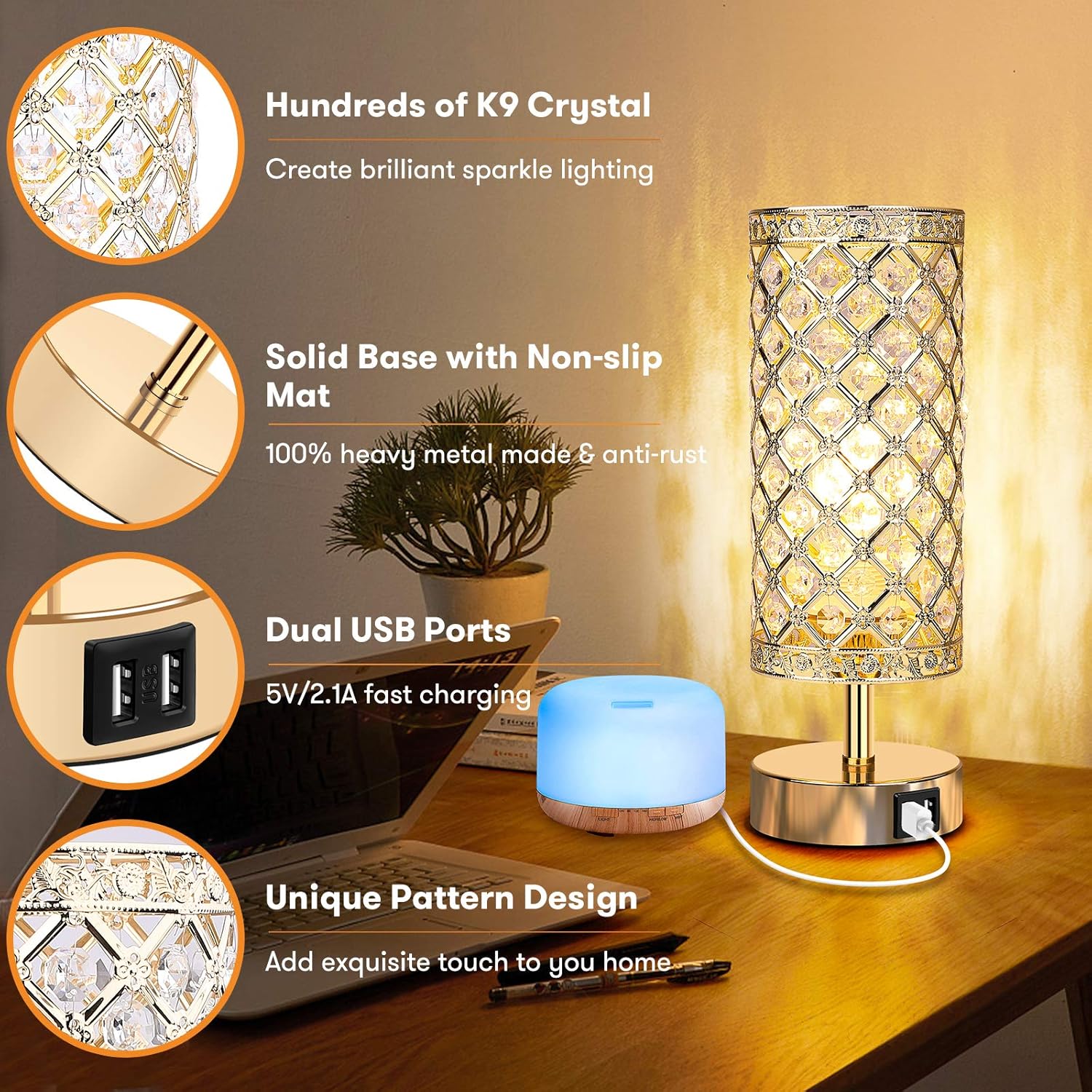 Tobusa Touch Control Crystal Table Lamp Set Of 2 Bedside Nightstand Lamps With Usb Charging Ports 3 Way Dimmable K9 Decora Tobusa Touch Control Crystal Table Lamp, Touch Control Crystal Table Lamp With Usb Port