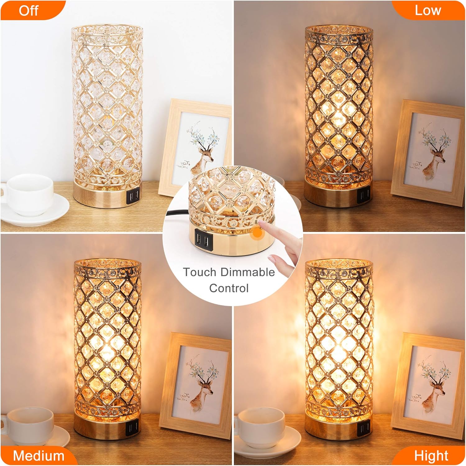 Maxvolador Touch Control Crystal Table Lamp With 2 Usb Charging Ports 3 Way Dimmable Bedside Desk Lamps Decorative Gold Maxvolador Touch Control Crystal Table, Touch Control Crystal Table Lamp With Usb Port