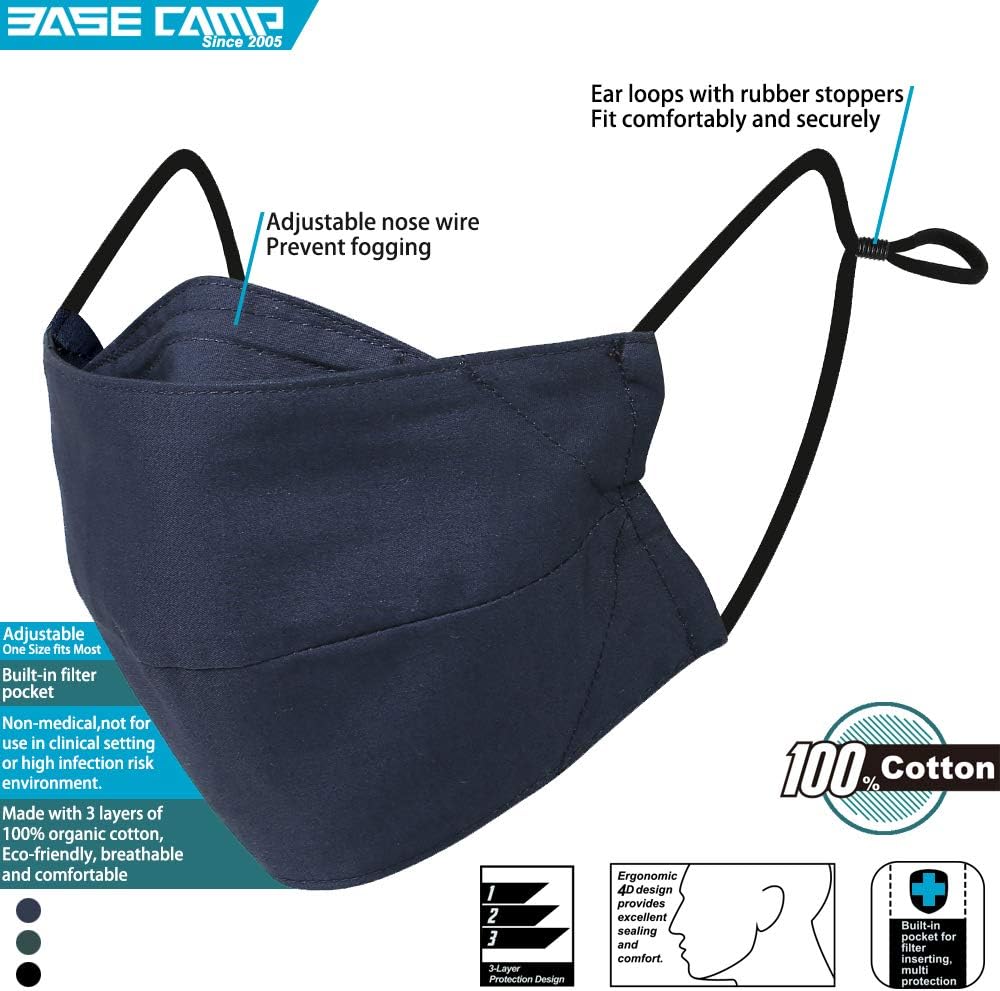 Base Camp Reusable Cloth Face Masks 100% Cotton Washable Adjustable Breathable Fabric Mask with Filter Pocket