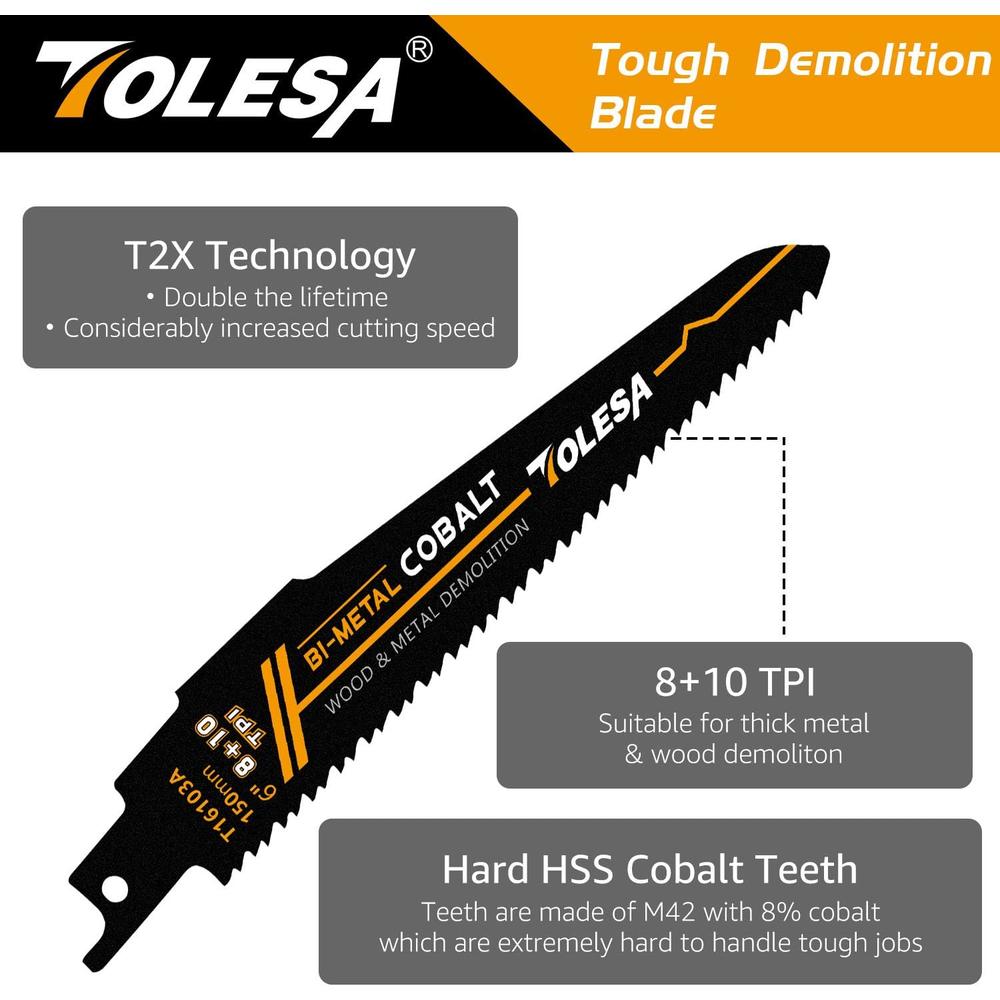 TOLESA Reciprocating Saw Blade Bi-Metal Cobalt for Sawzall Saw 6-Inch 8+10TPI Wood