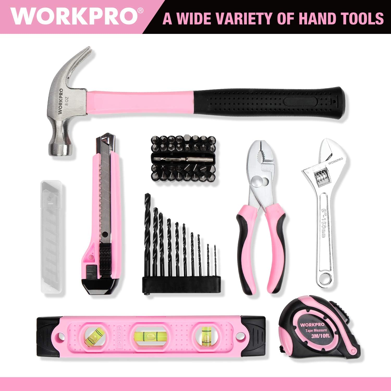 HANZGHOU GREATSTAR INDUSTRIAL  WORKPRO 12V Pink Cordless Drill and Home Tool Kit, 61 Pieces Hand Tool for DIY, Home Maintenance, 14-inch Storage Bag Included
