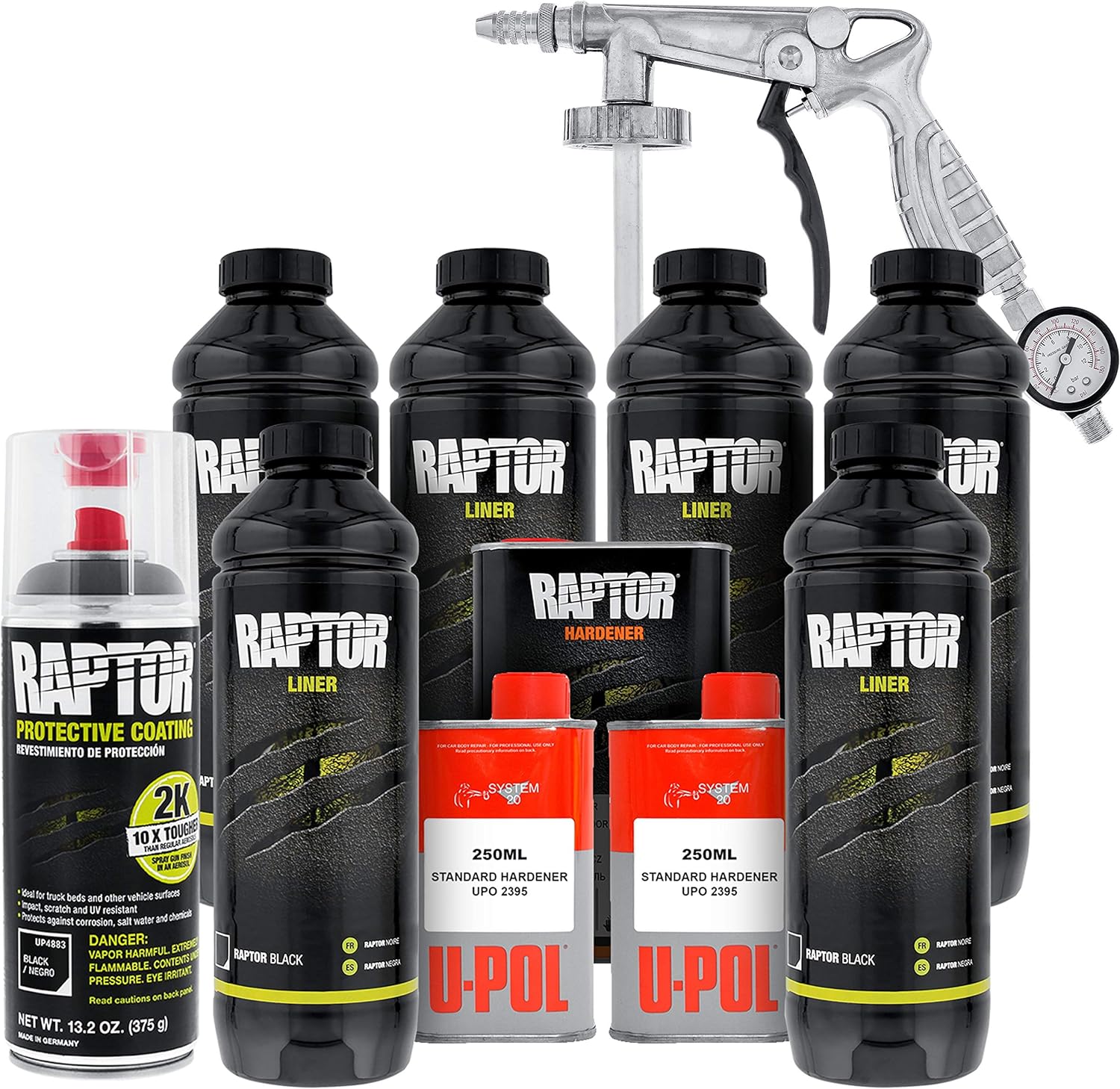 Custom Shop U-Pol Raptor 6 Quart Kit - Black Urethane Spray-On Truck Bed  Liner Kit with Custom Coat Spray Gun with Regulator, Bonus Can of