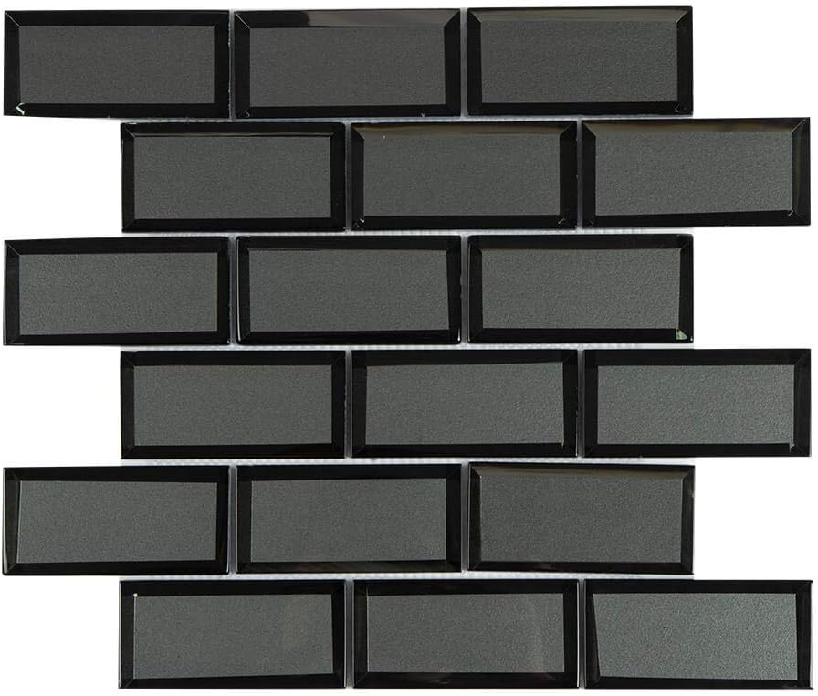 Adedeo Glass Subway Tile Bottom Beveled Edge 12 x 12 Inch for Kitchen  Backsplash Bathroom Wall Bright Black (5-Pack, 5 sq.ft.)