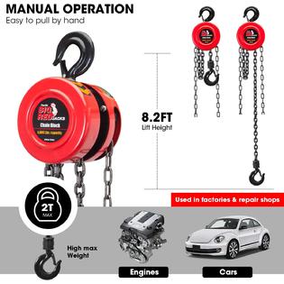 TORIN BIG RED TR9020 Manual Hand Lift Steel Chain Block Hoist with 2 Hooks,  2 Ton (4,000 lb) Capacity, Red