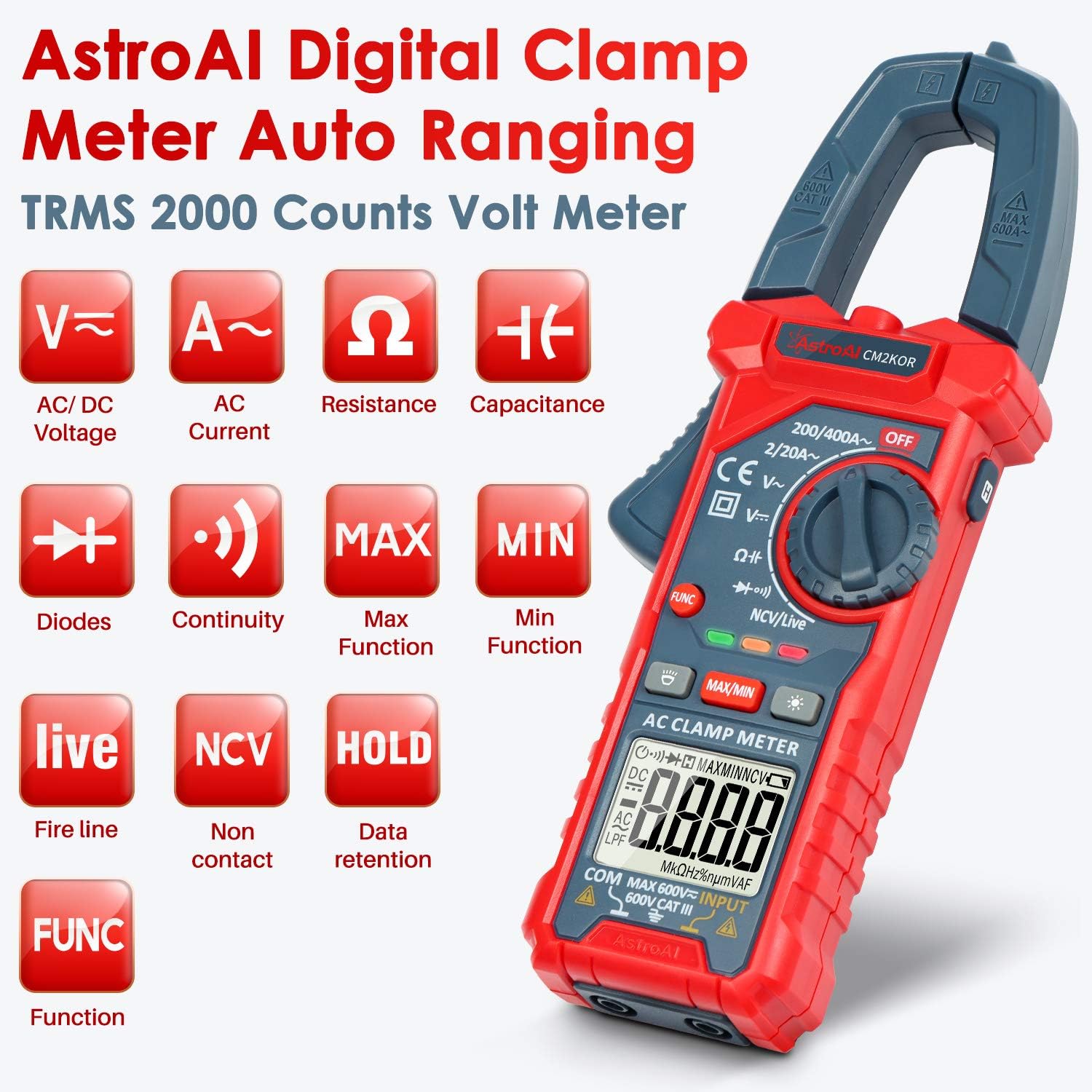 AstroAI Digital Clamp Meter Multimeter 2000 Counts Amp Voltage Tester Auto-ranging with AC/DC Voltage, AC Current, Resistance, Capacita