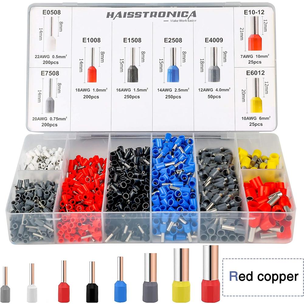Haisstronica Ferrule Crimping Tool Kit,Self-Adjusting Square Wire Crimper Plier for AWG23-7 with 1200PCS Red Copper Wire End Te