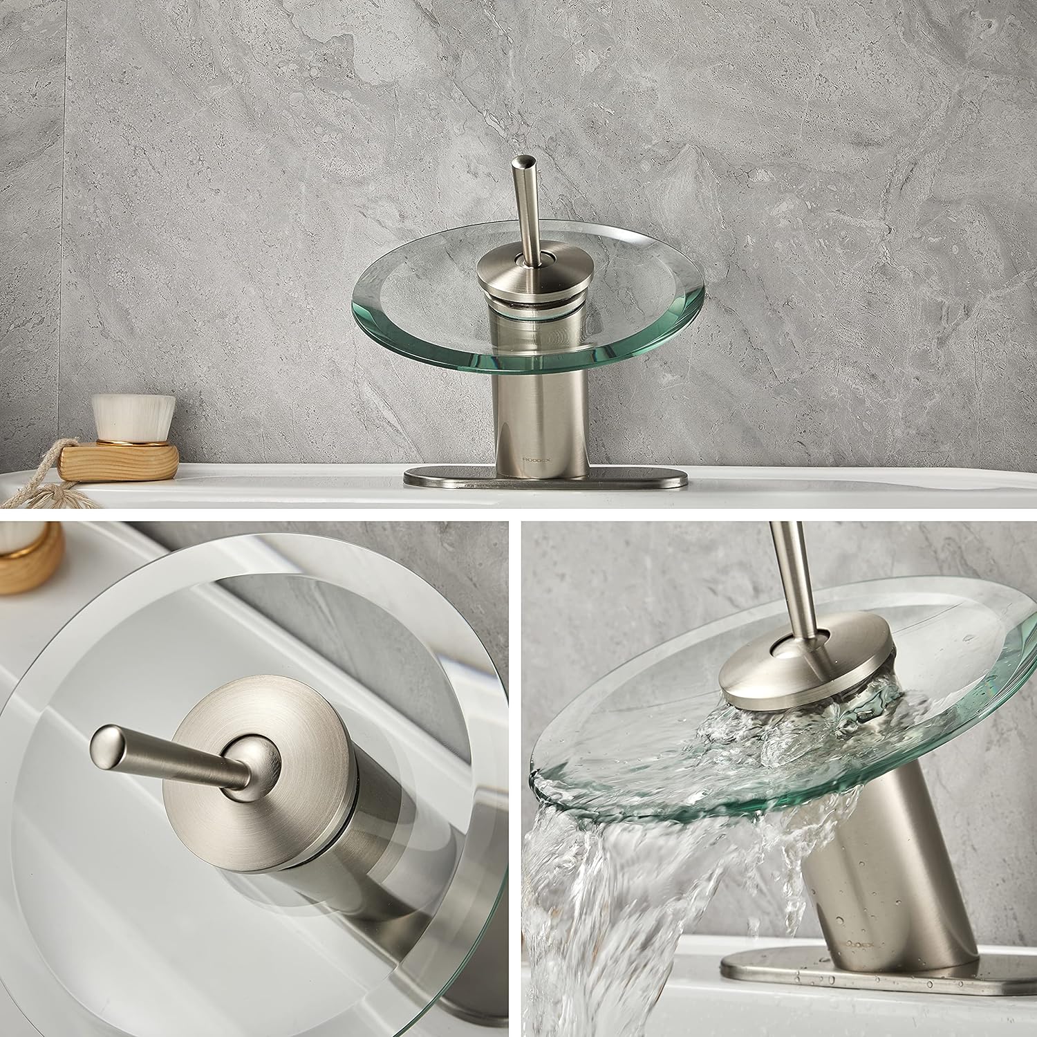 RODDEX Waterfall Bathroom Sink Faucet Solid Brass Glass One Handle Single Hole Basin Vanity Bathroom Faucet, Short,Brushed Nickel