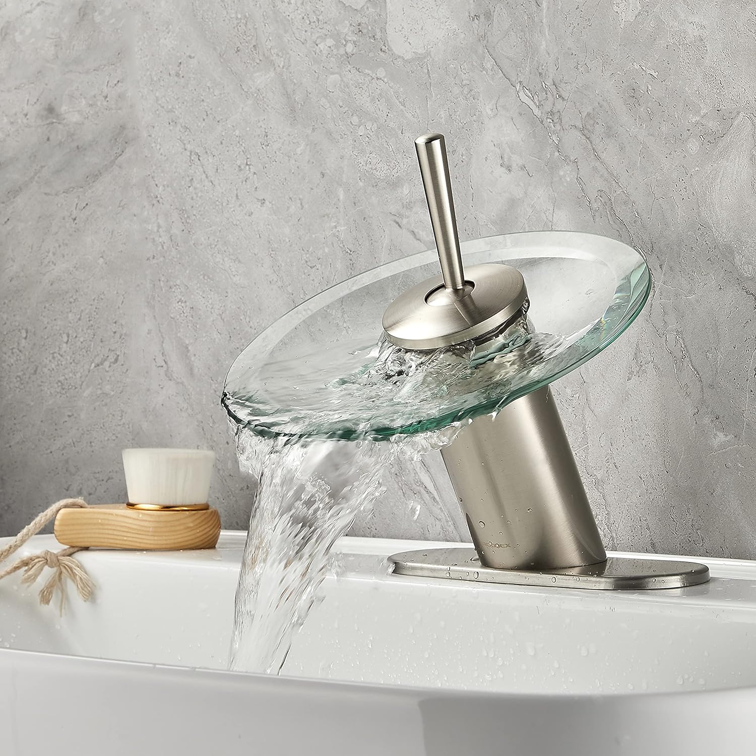 RODDEX Waterfall Bathroom Sink Faucet Solid Brass Glass One Handle Single Hole Basin Vanity Bathroom Faucet, Short,Brushed Nickel