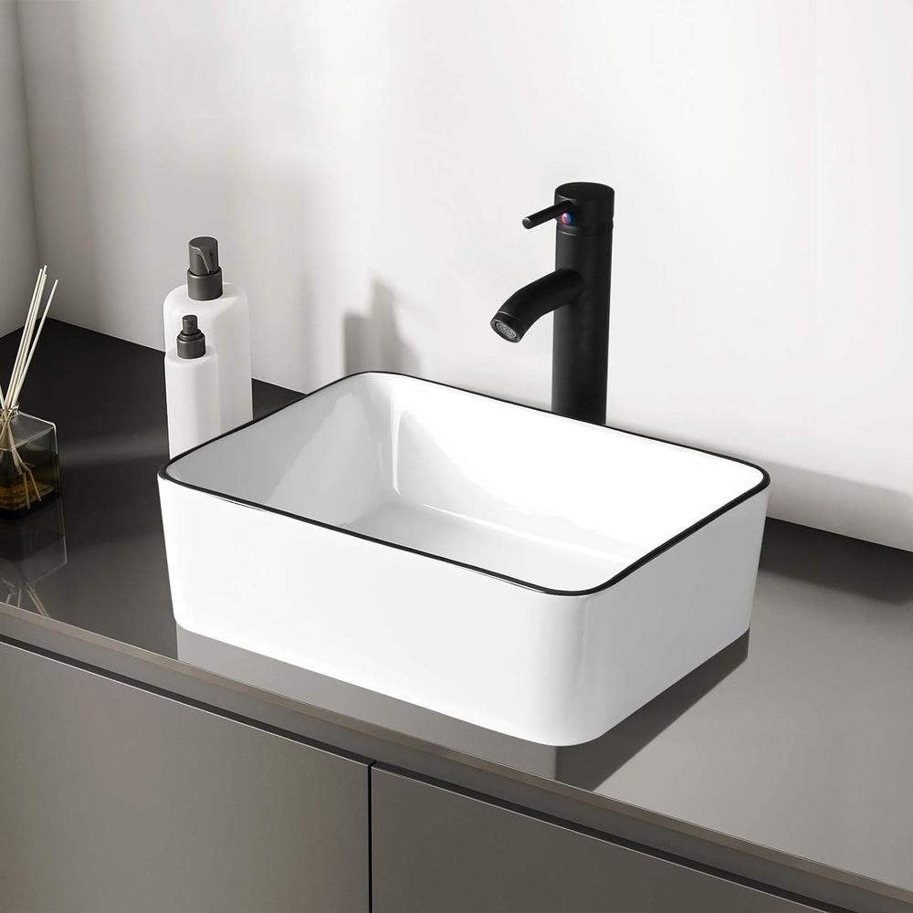 KSWIN Ceramic Rectangular Bathroom Vessel Sink, White Body with Black Trim on The Top, Above Counter Vanity Sink include Faucet Combo