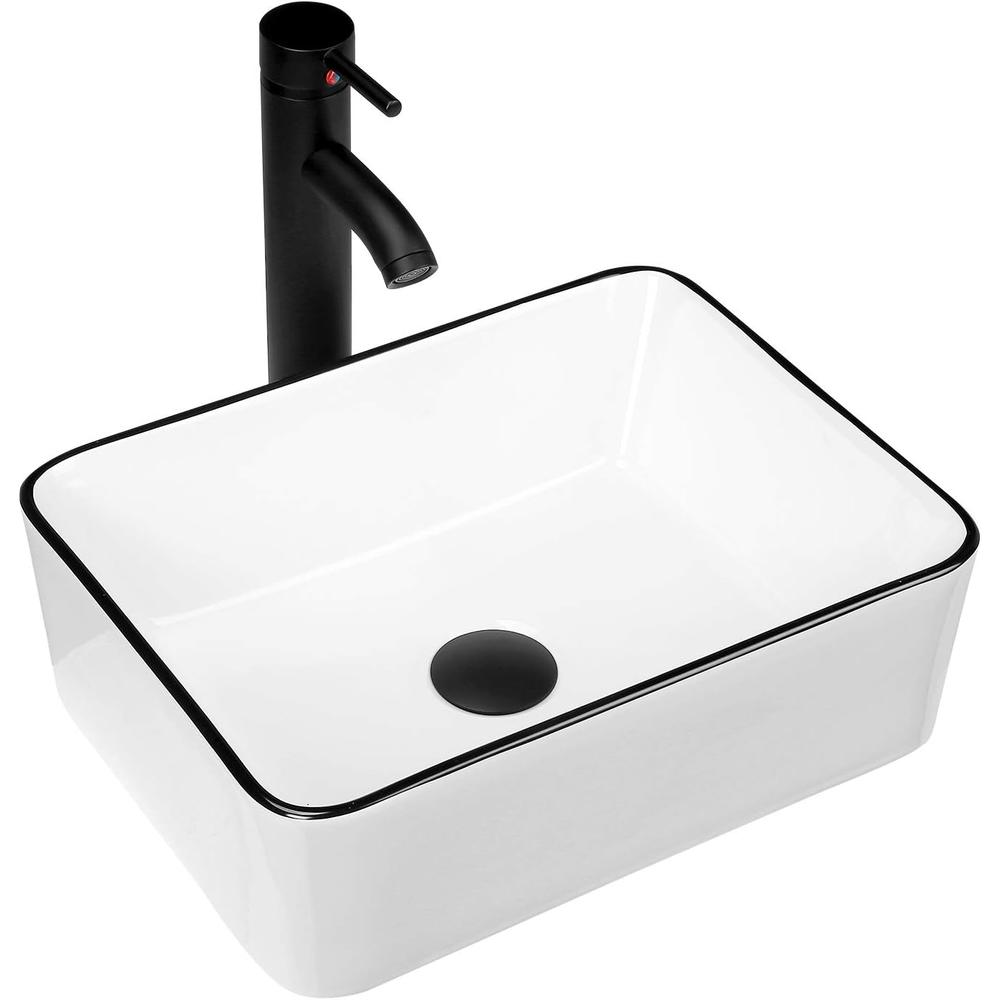 KSWIN Ceramic Rectangular Bathroom Vessel Sink, White Body with Black Trim on The Top, Above Counter Vanity Sink include Faucet Combo