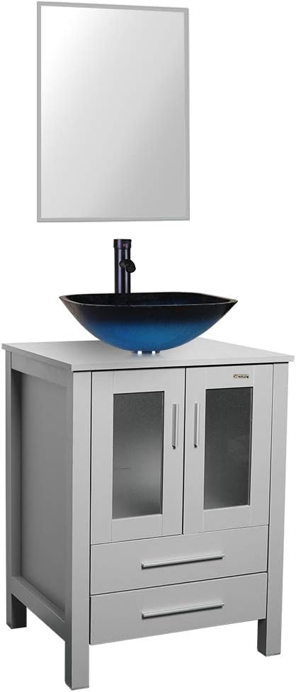 U Eway 24 Grey Bathroom Vanity Tempered Glass Vessel Sink Combo Style 1 5 Gpm Faucet Oil Rubbed Bronze Top With S U Eway 24 Grey Bathroom Vanity Tempered, Vanity Sink Combo 24