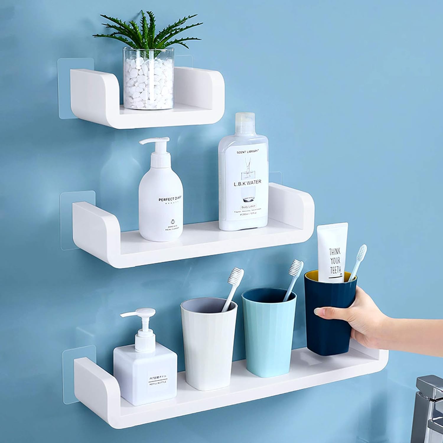 Laigoo Adhesive Floating Shelves Non-Drilling, Set of 3, Display Picture  Ledge Shelf U Bathroom Shelf Organizer for Home/Wall Decor/Ki
