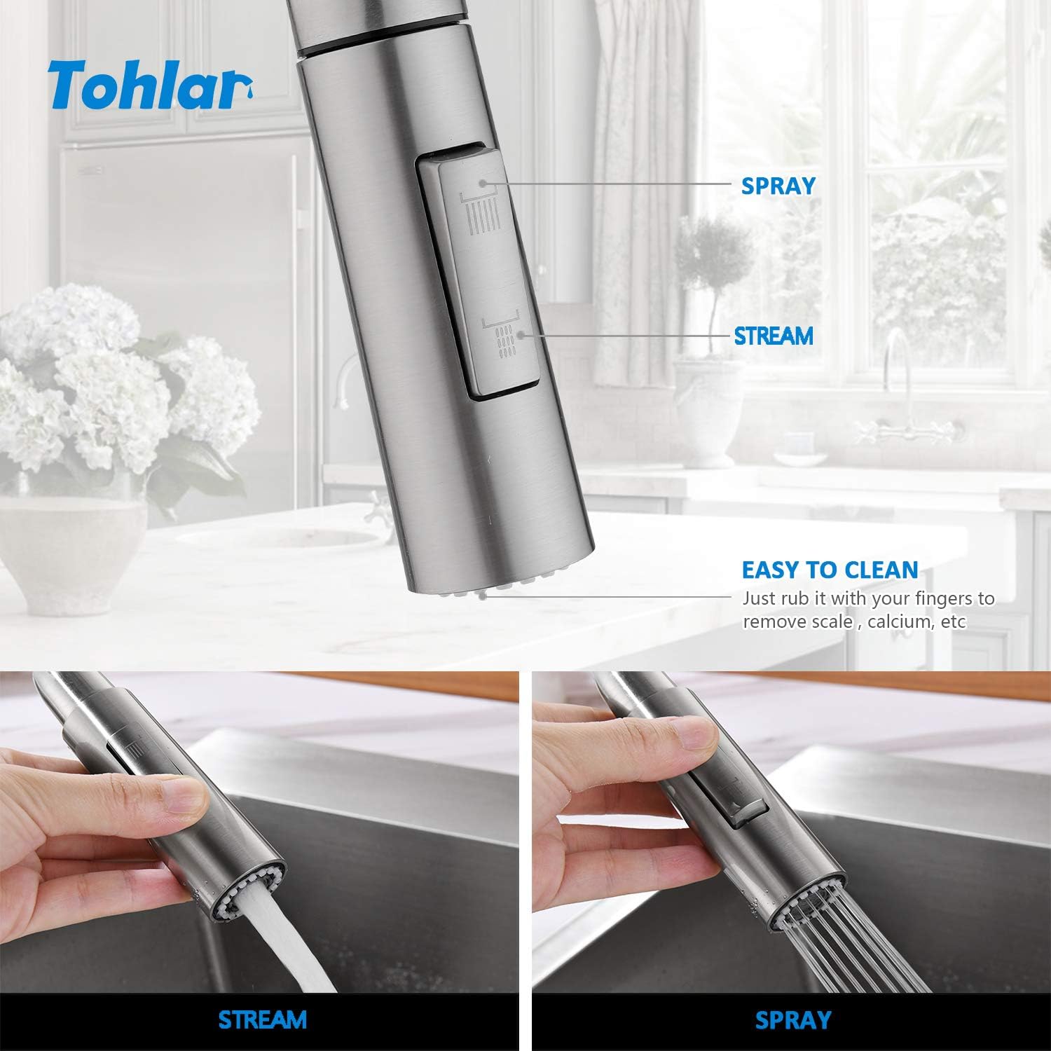 Tohlar Kitchen Sink Faucets with Pull-Down Sprayer, Modern Stainless Steel Single Handle Pull Down Sprayer Faucet with Deck Plate (Bru