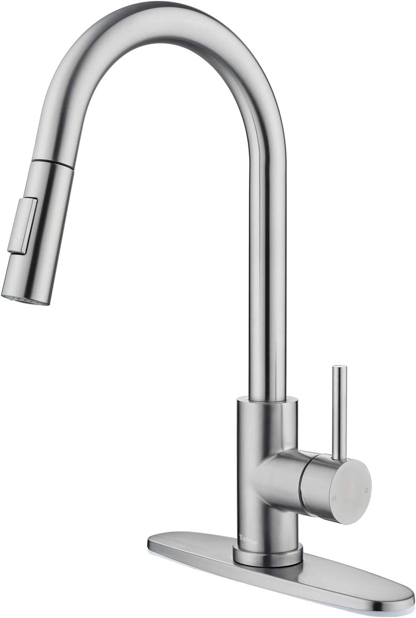 Tohlar Kitchen Sink Faucets with Pull-Down Sprayer, Modern Stainless Steel Single Handle Pull Down Sprayer Faucet with Deck Plate (Bru