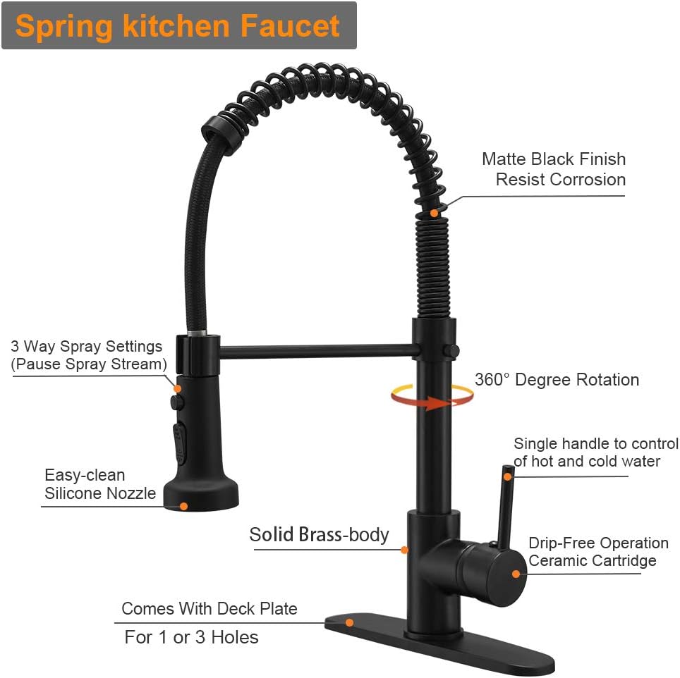 Hoimpro High Arc Matte Black Spring Kitchen Faucet with Pull Down Sprayer, Rv Paint Black Kitchen Sink Faucet with Pull Out Sprayer,3 F