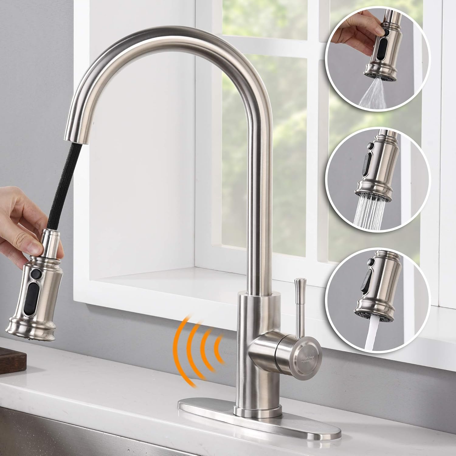 AMAZING FORCE Touchless Kitchen Faucet with 3 Modes Pull Down Sprayer,  Single Handle Automatic Motion Sensor Kitchen Sink Faucet with Fingerp