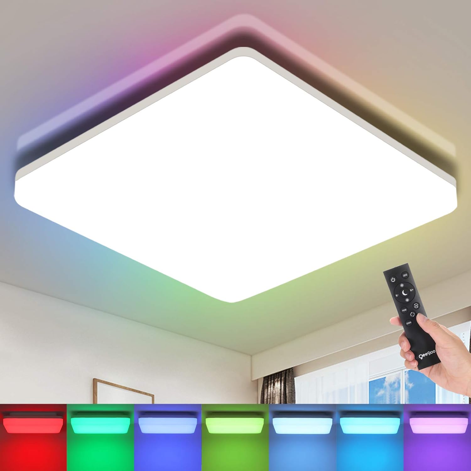 Oeegoo Rgb Ceiling Light Flush Mount Led Fixture With Remote Control 11in 24w 2400lm Dimmable Square Close To Ceiling Light For Bedro