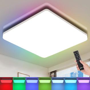 Oeegoo RGB Ceiling Light Flush Mount LED Fixture with Remote Control, 11In 24W 2400LM Dimmable Square Close to Ceiling Light for Bedro