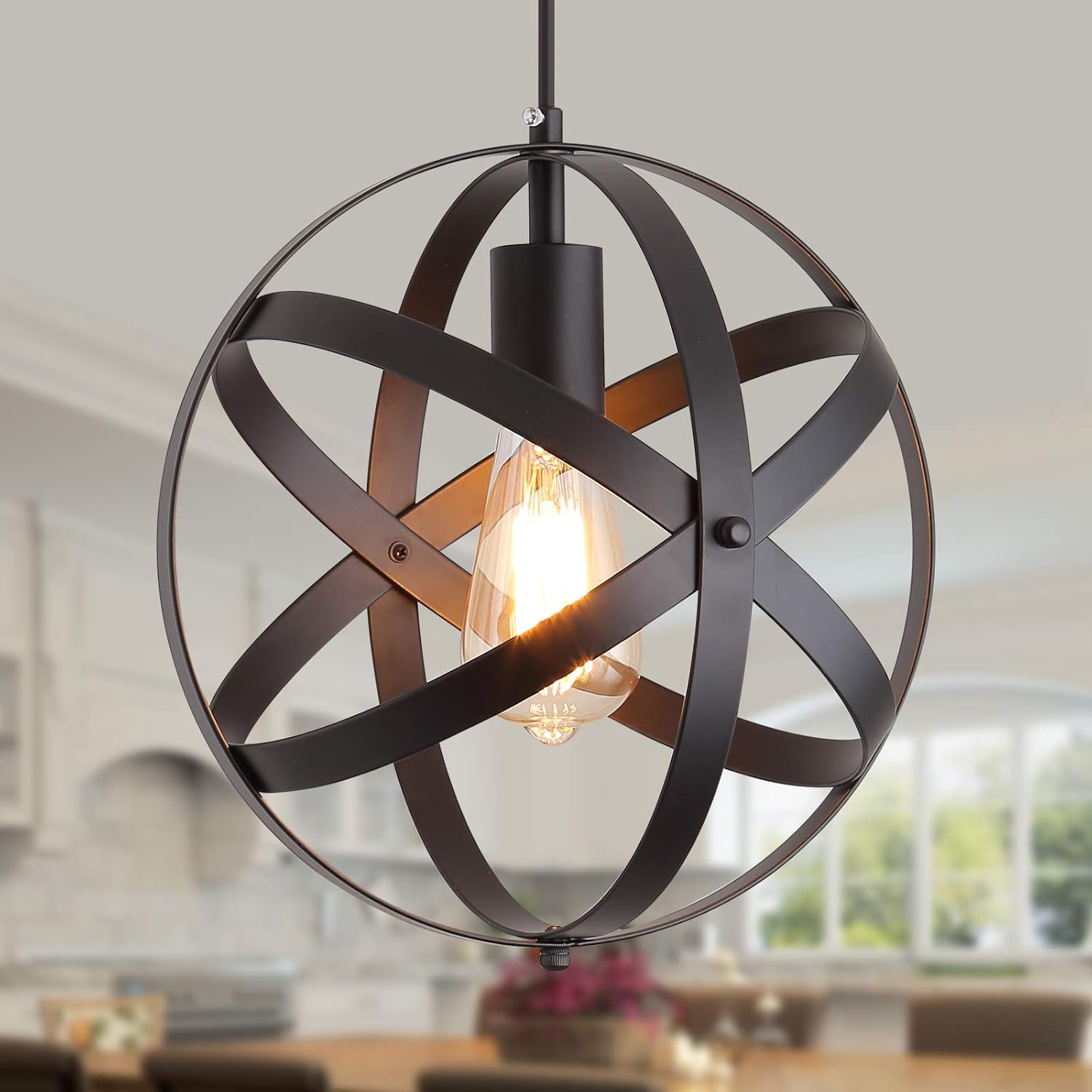 Q&S Industrial Metal Pendant Light ,Vintage Black Globe Cage Rustic Hanging  Ceiling Light Fixtures for Kitchen Island Dining Room T