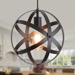 Q&S Industrial Metal Pendant Light ,Vintage Black Globe Cage Rustic Hanging Ceiling Light Fixtures for Kitchen Island Dining Room T