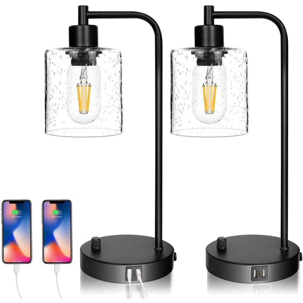 Lynnoland Set of 2 Industrial Table Lamps with 2 USB Port, Fully Stepless Dimmable Lamps for bedrooms, Bedside Nightstand Desk Lamps with