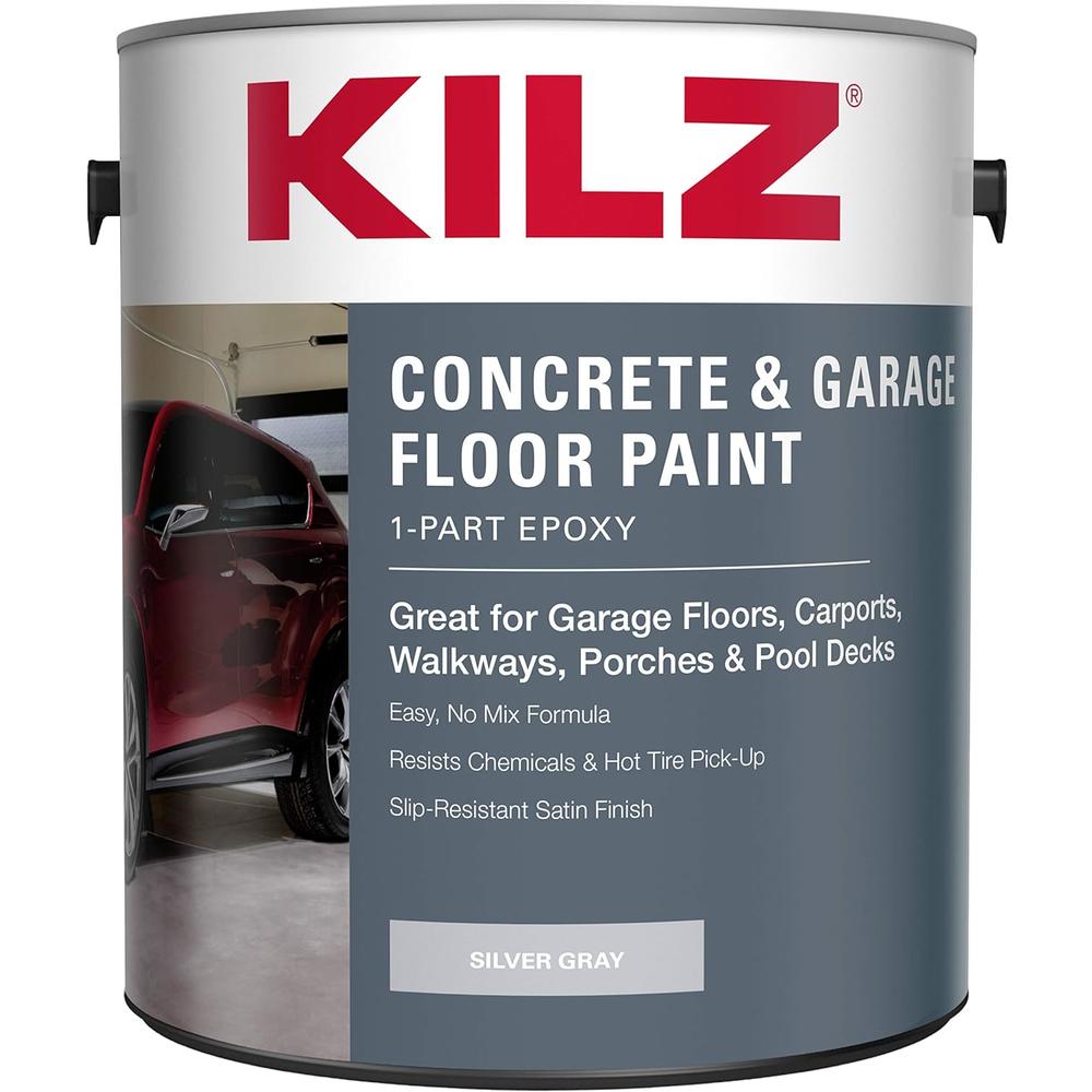 Masterchem Industries LLC KILZ L377611 1-Part Epoxy Acrylic Interior/Exterior Concrete and Garage Floor Paint, Satin, Silver Gray, 1-Gallon, 1 Gallon, 4