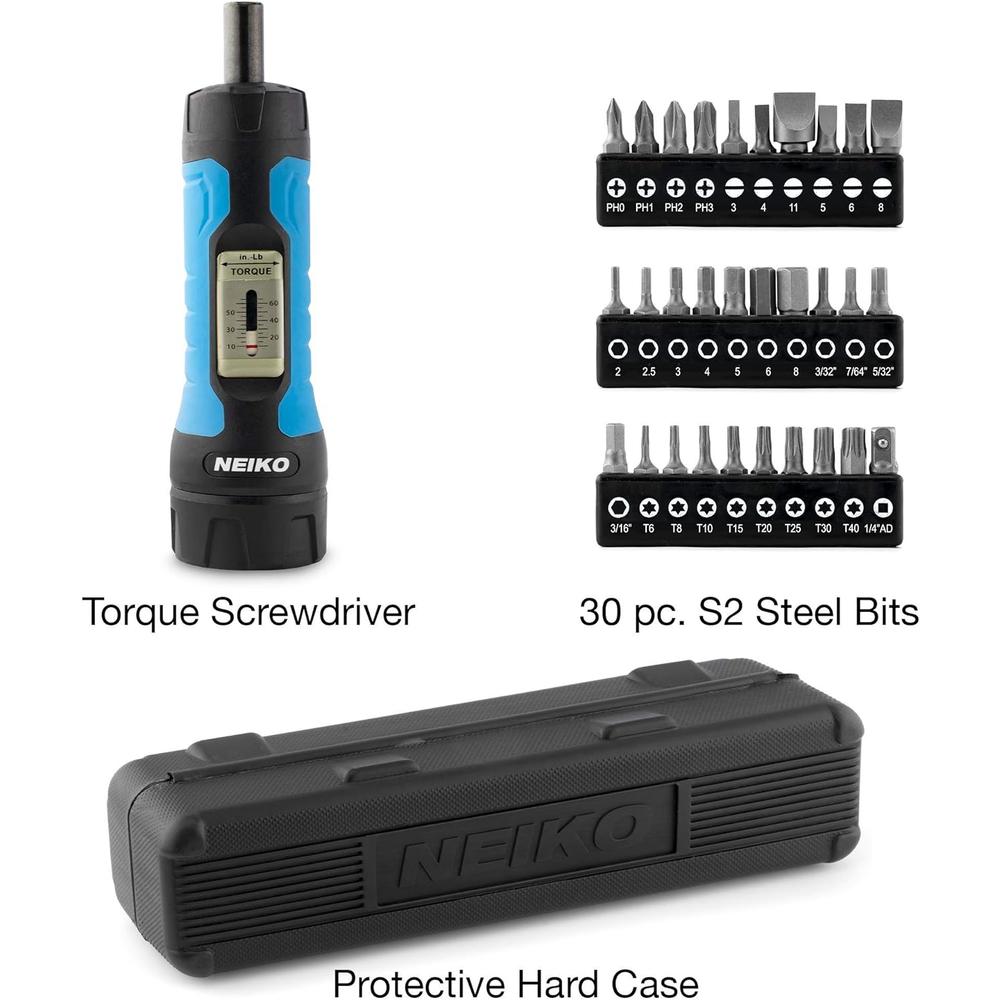 NEIKO 10574A 1/4&#226;&#128;&#157; Drive Torque Wrench Screwdriver Set | 30 Pieces of S2 Steel Philips, Hex, Slotted, and