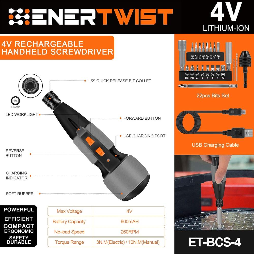 EnerTwist Eenertwist Cordless Electric Screwdriver Kit, 4V Rechargeable Power Screwdriver Max to 3-10N.m, Electric