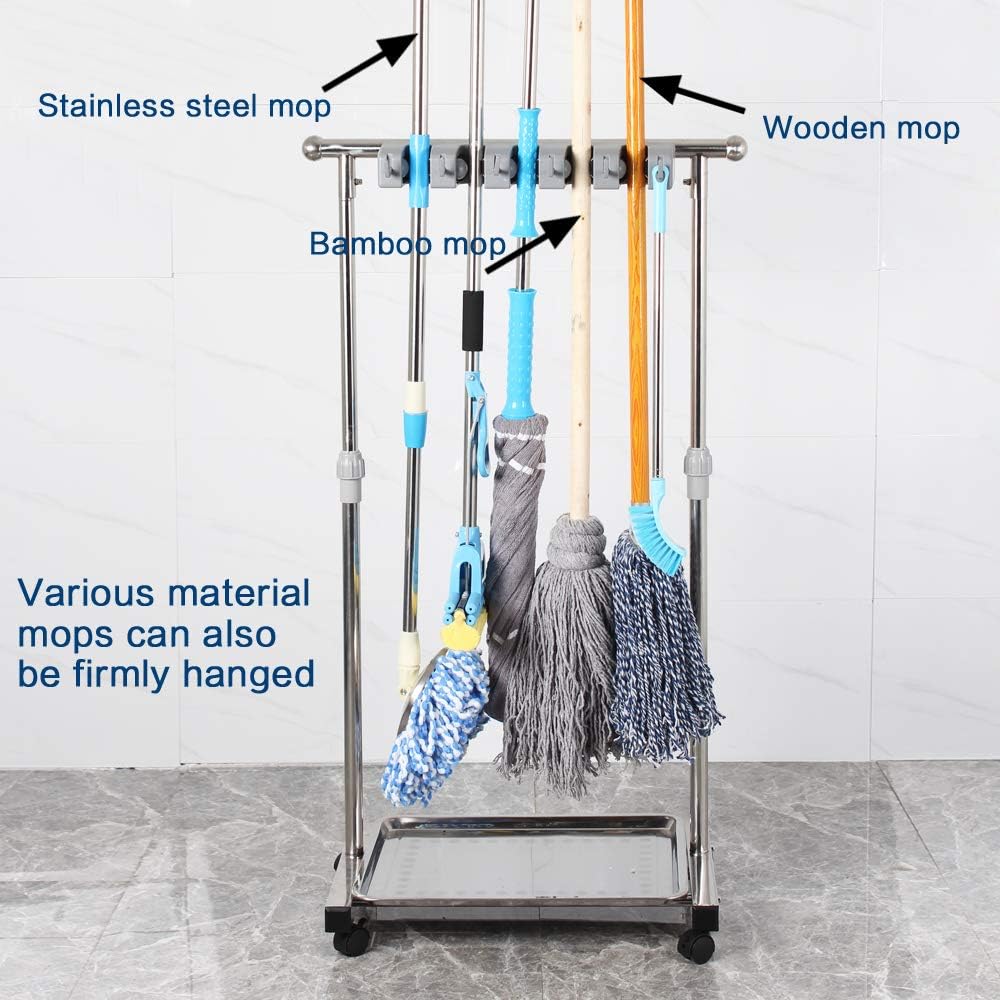 Jiahai QTJH movable mop broom holder put wet mops floor standing cleaning tool rack stainless for schools, hospitals, factories, hotel