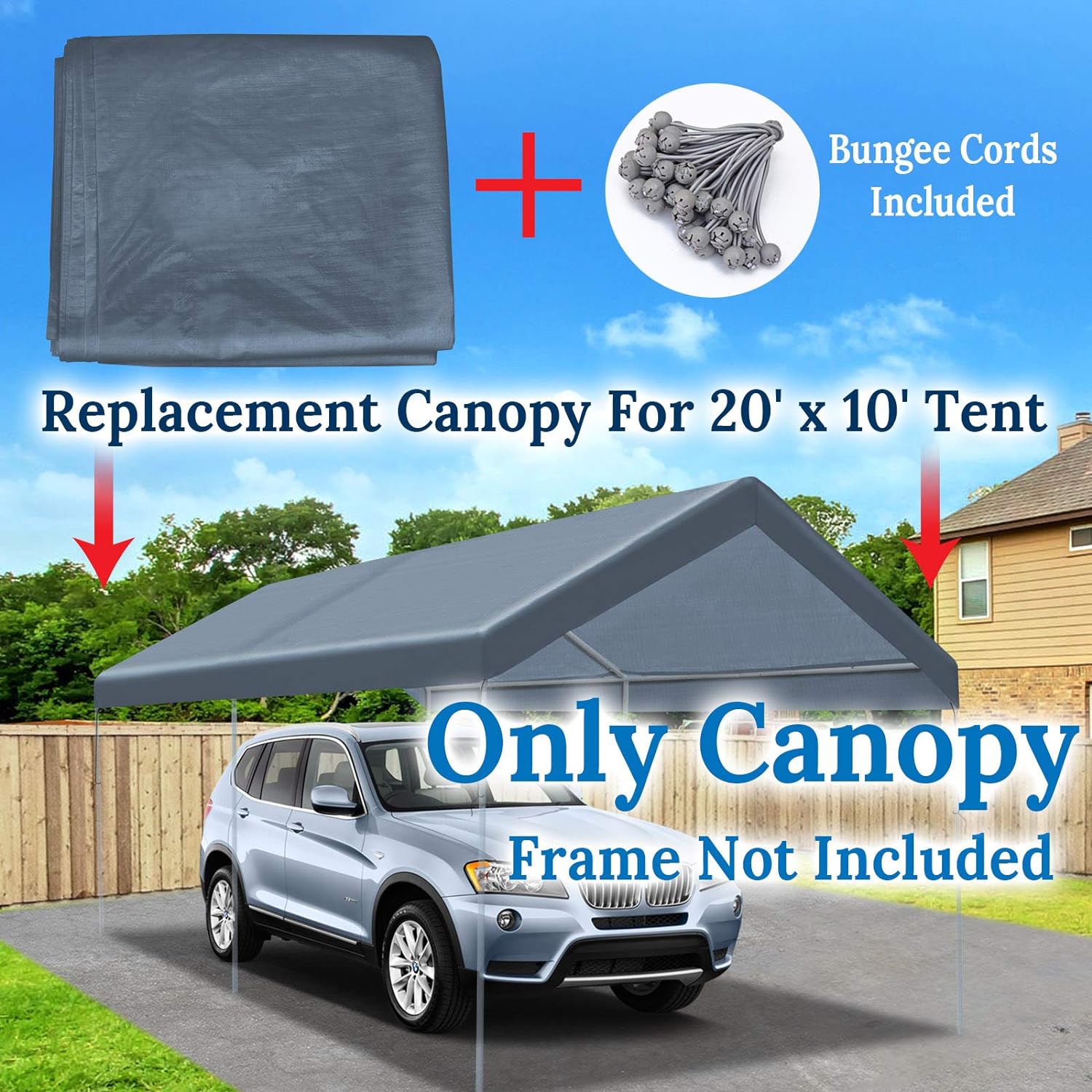 Benefit-USA BenefitUSA Canopy ONLY 10'x20' Carport Replacement Canopy Outdoor Tent Garage Top Tarp Shelter Cover w Ball Bungees (Grey)