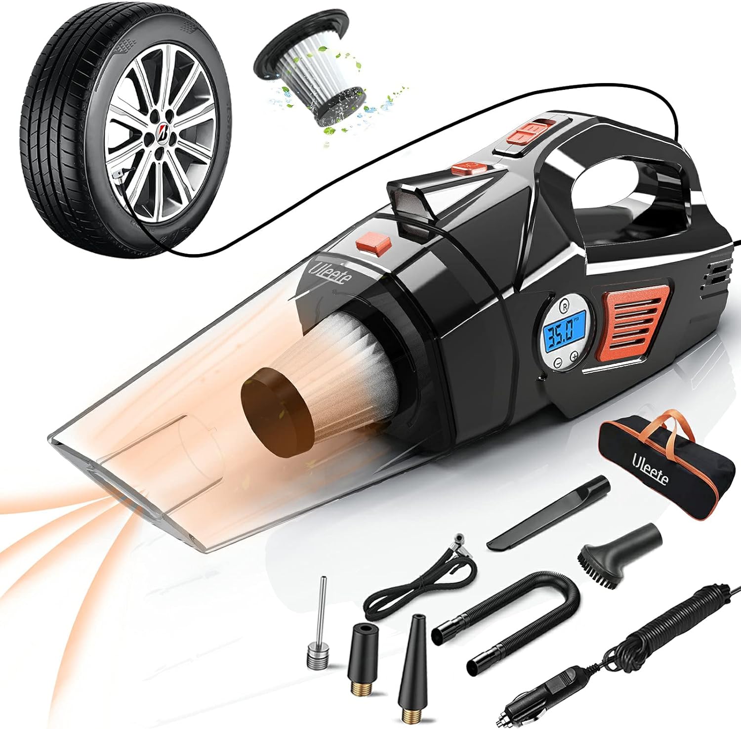 Uleete 4 in 1 Portable Car Vacuum Cleaner, Digital Air Compressor Tire Inflator for Car Tires, High Power Corded Handheld Vacuu