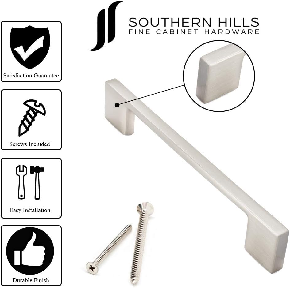 Southern Hills Brushed Nickel Cabinet Handles | 6.3 Inches Total Length | 5 Inch Screw Spacing | Satin Nickel Drawer Pulls, Pack of 5 | Modern