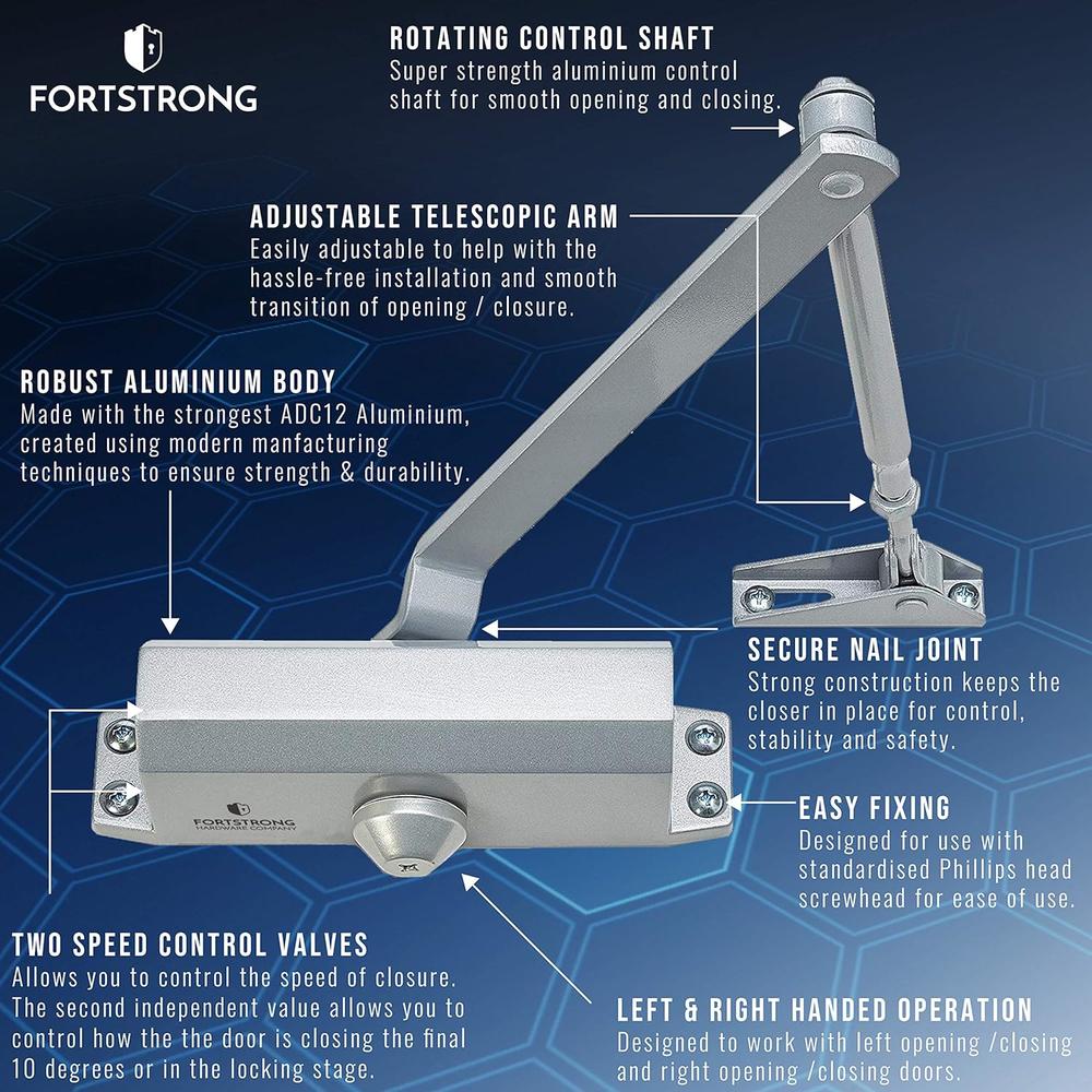 FORTSTRONG Door Closer FS-1306 Automatic Adjustable Closers Grade 3 Spring Hydraulic Auto Door-Closer with Easy Installation Life Size Fit