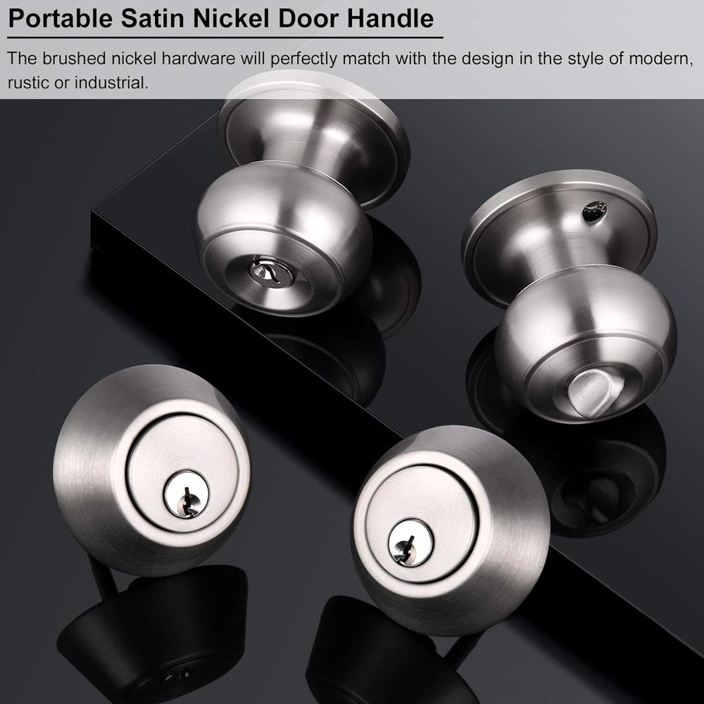 Nickelworld Hardware Brushed Nickel Double Cylinder Handleset Combo Pack, Keyed Alike Entry knobs with Deadbolts, Exterior Hardware for Outside Gate