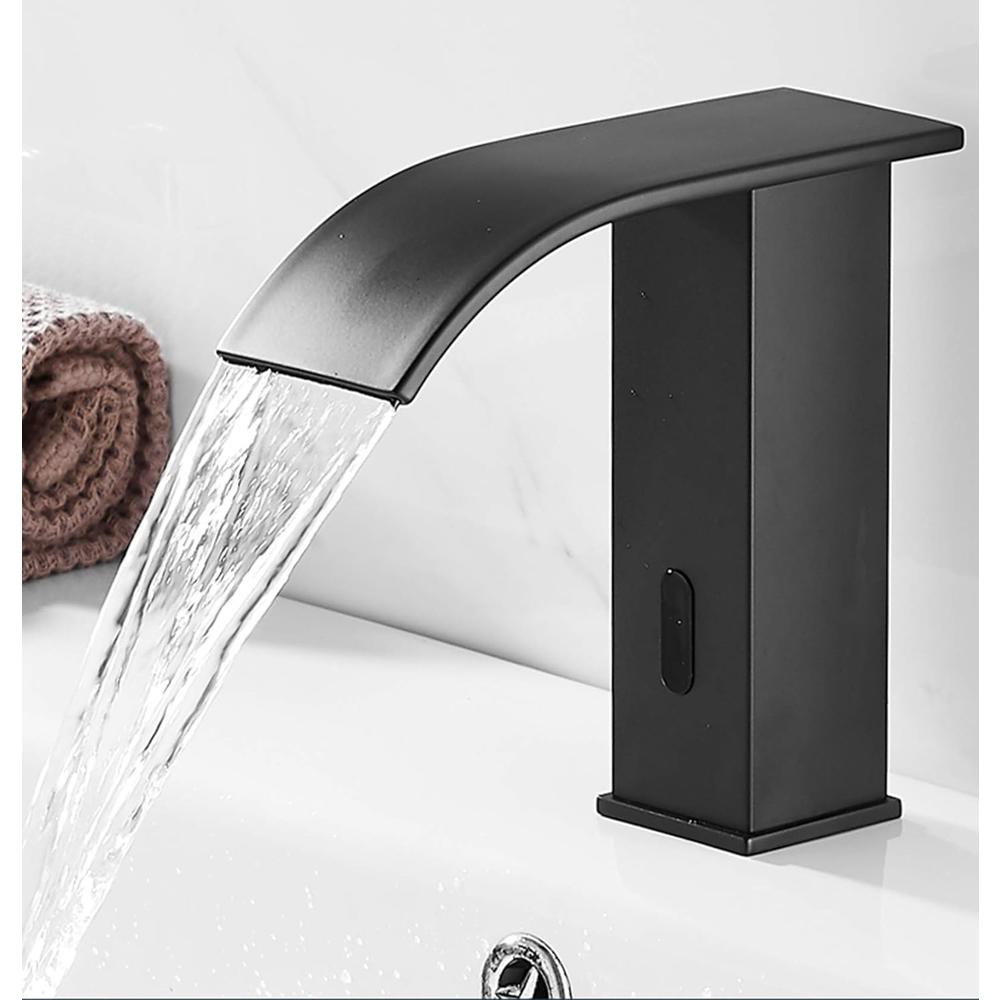 YCCUZA Automatic Touchless Bathroom Sink Faucet Black AC/DC Powered Motion Sensor Faucet Hands Free Tap with Control Box and Temperatu