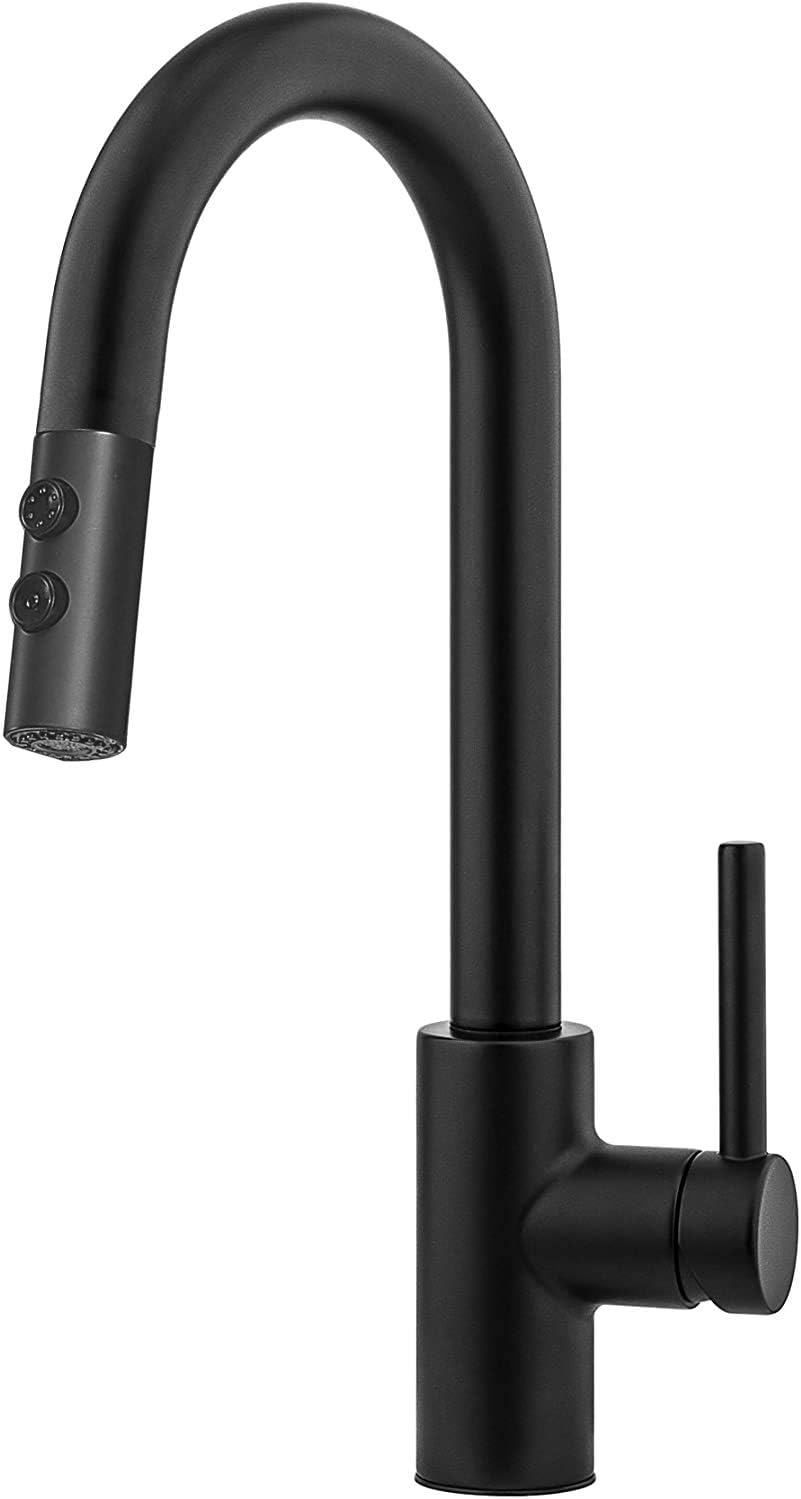 KINFAUCETS Commercial Solid Brass Single Handle Matte Black Pull Down  Sprayer Gooseneck Kitchen Faucet with Sprayer,1 Hole Kitchen Sink Fa
