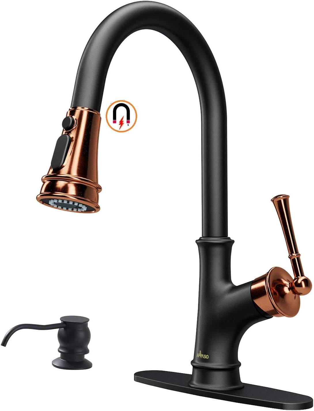 APPASO Matte Black and Rose Gold Pull Down Kitchen Faucet with Magnetic Docking Sprayer - Single Handle High Arc One Hole Pull Out Kit