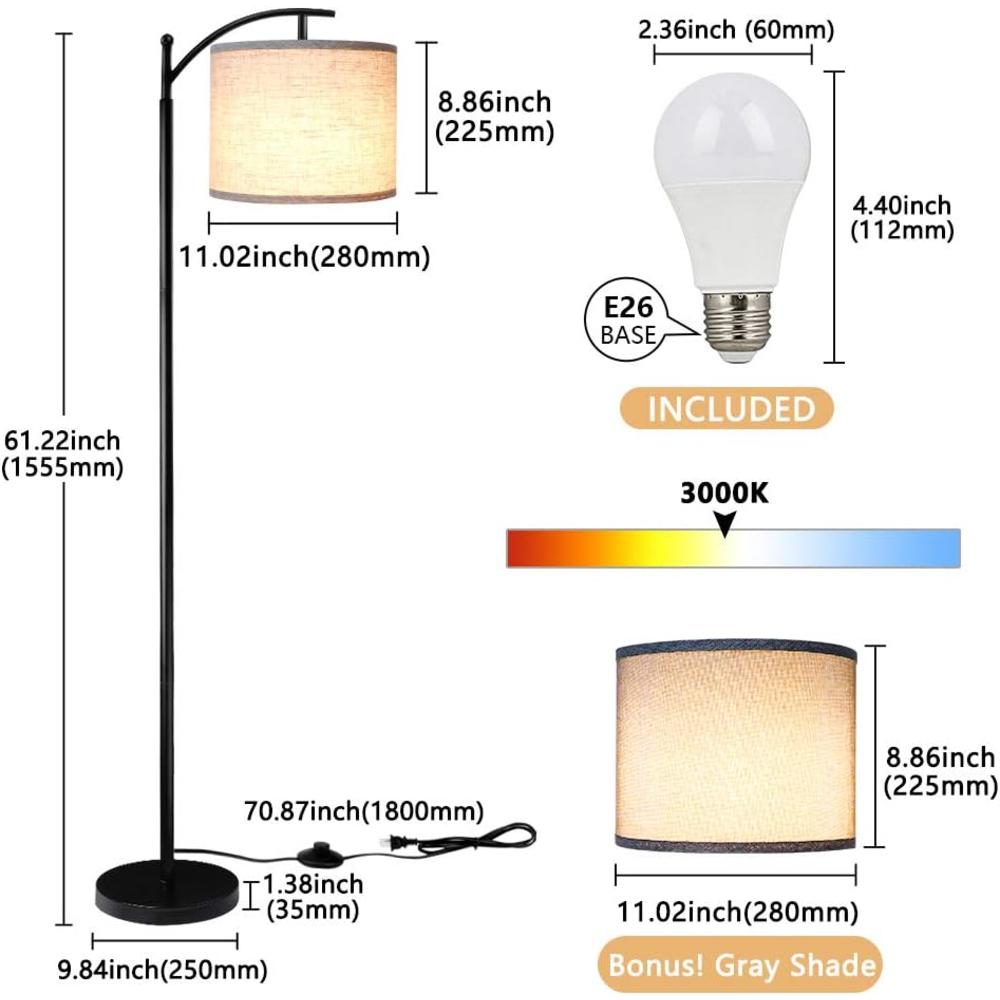 Rottogoon Floor Lamp for Living Room, LED Standing Lamp with 2 Lamp Shades for Bedroom, 9W LED Bulb Included - Black