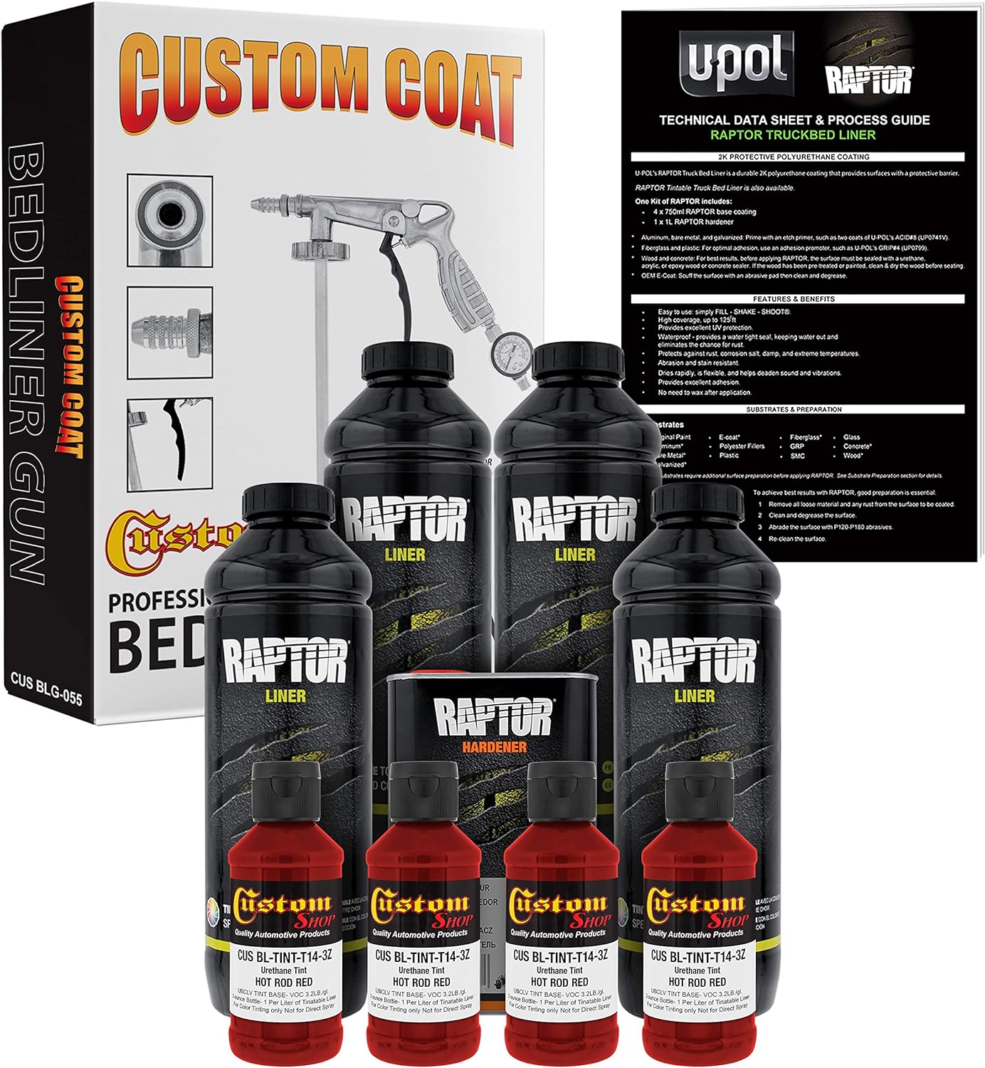 Custom Shop U-Pol Raptor Hot Rod Red Urethane Spray-On Truck Bed Liner Kit  and Custom Coat Spray Gun with Regulator, 4 Liters