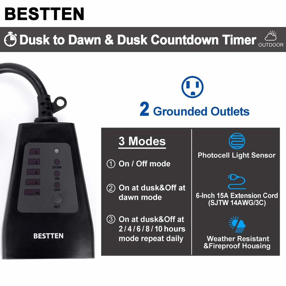 Generic BESTTEN Outdoor Timer with Photocell Light Sensor, Dusk to Dawn and Countdown Modes, 2 Grounded Outlets, 15A/125V/1875W, for Ch