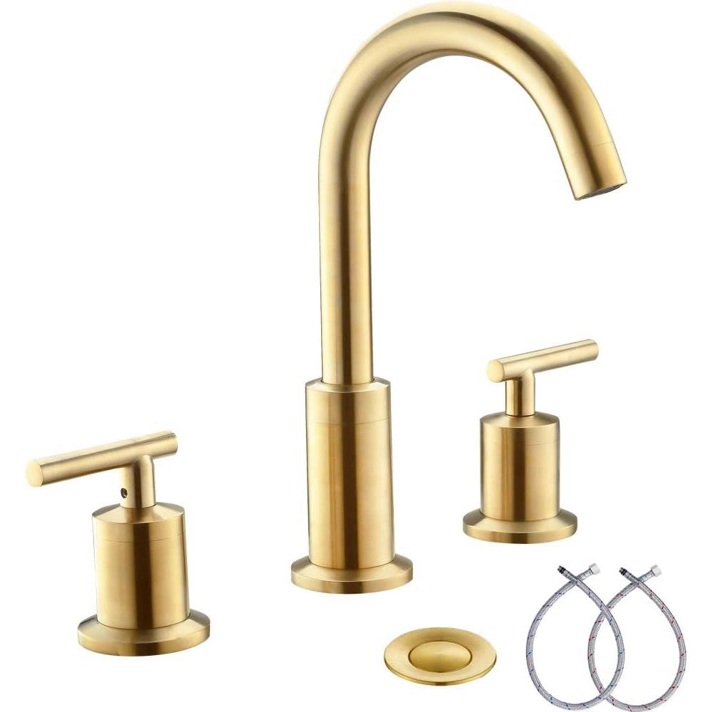 Phiestina 2 Handles 8 Inch Widespread Bathroom Faucets, Brushed Gold Bathroom Sink Faucet with Valve and Metal Pop-Up Drain by Phiestina,