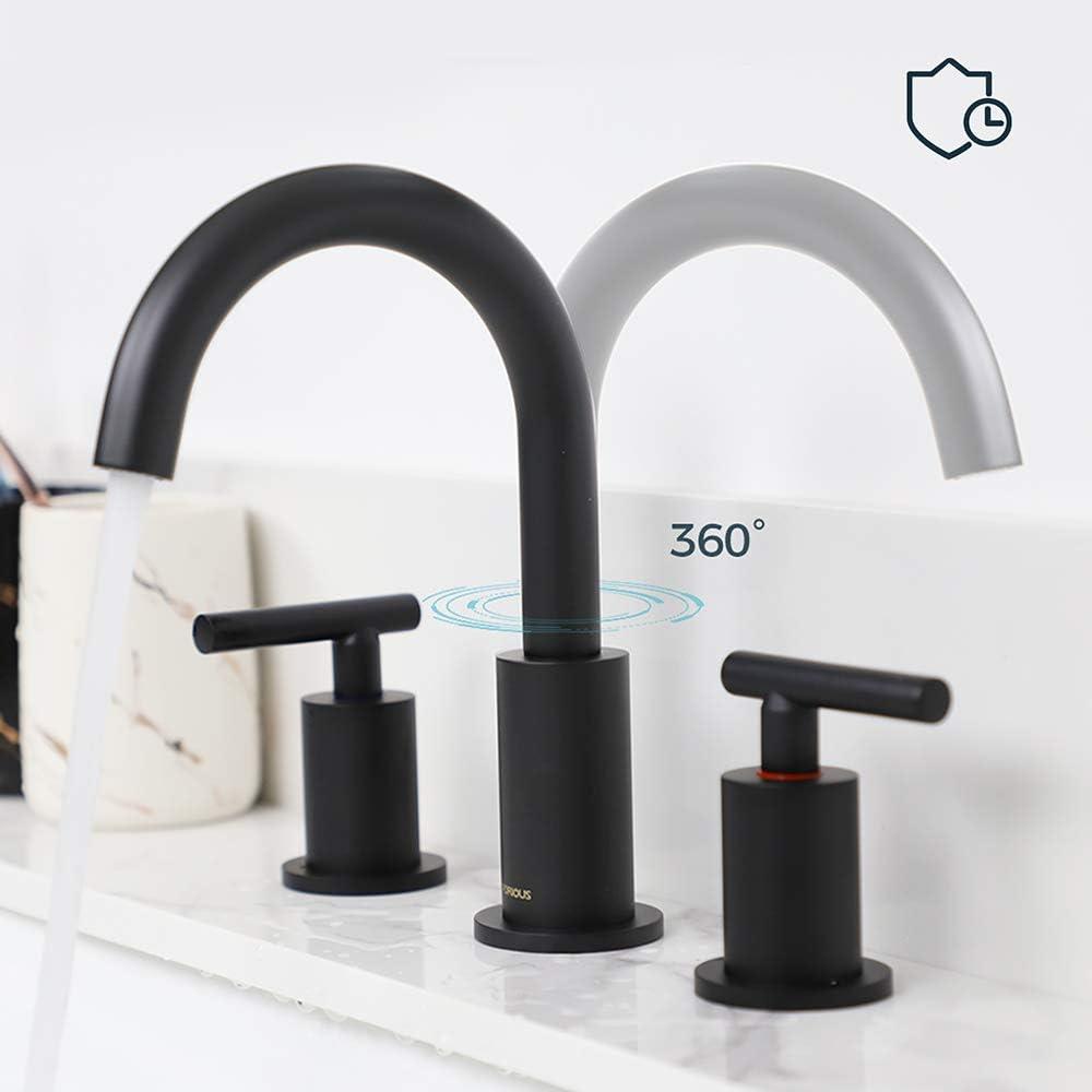 Forious Two Handle High Arc Widespread Bathroom Sink Faucet 3 Hole with with Pop-Up Drain and Water Supply Lines, Matte Black