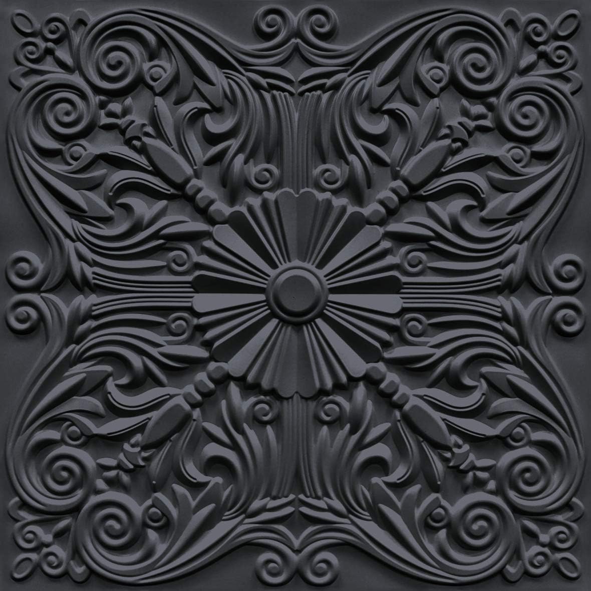 Art3d Decorative Ceiling Tile 2x2 Glue up, Lay in Ceiling Tile 24x24 Pack  of 12pcs Spanish Floral in Black