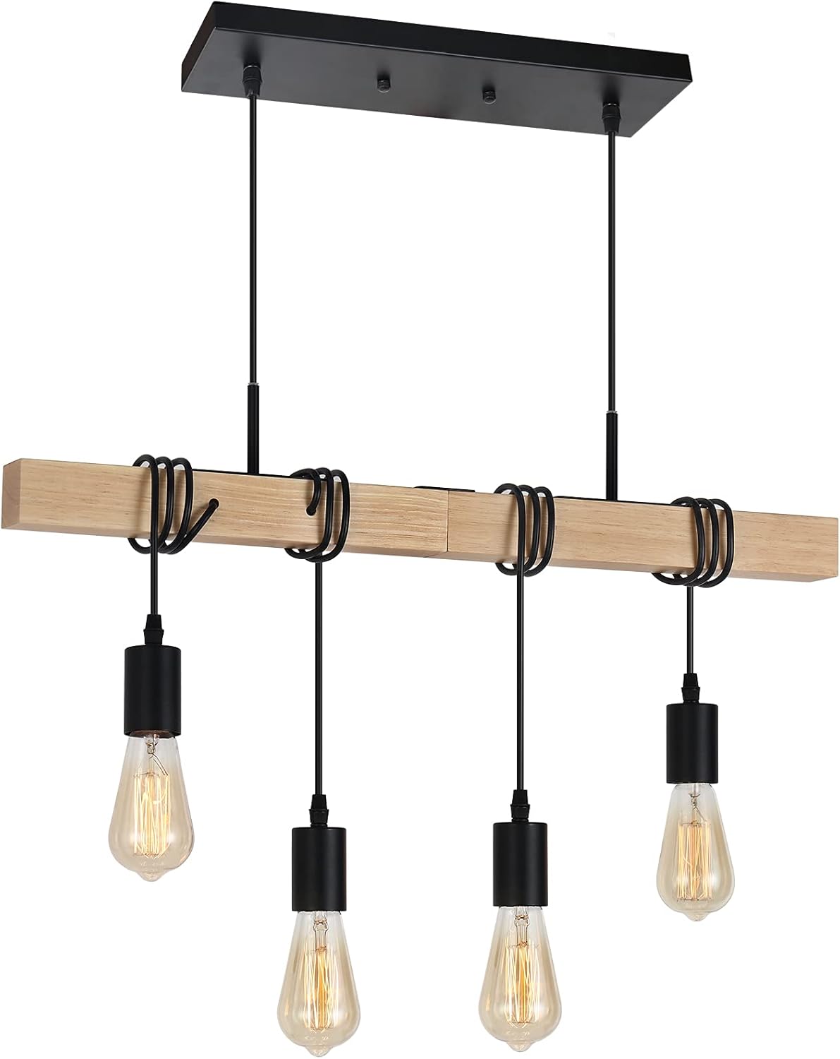 JS NOVA JUNS 4-Light Pendant Ceiling Fixture, Adjustable Hanging Pendant  Lights with Solid Wood, Vintage Chandelier for Kitchen Island Dinin