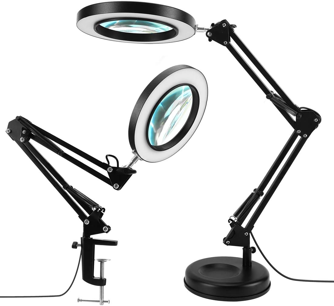 LANCOSC 2-in-1 Magnifying Glass with Light and Stand, 3 Color Modes Stepless Dimmable, 5-Diopter Real Glass Magnifying Desk Lamp