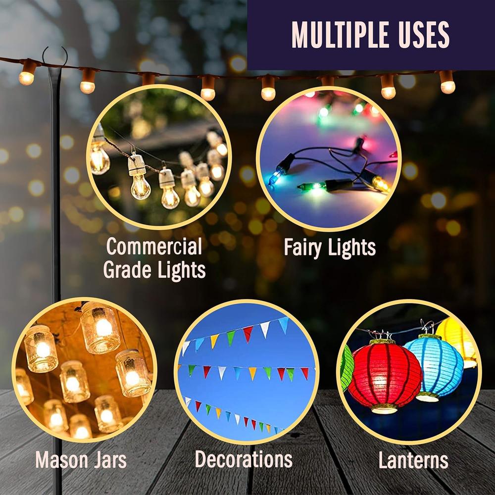 Holiday Styling String Light Pole - Outdoor Metal Poles with Hooks for Hanging String Lights - Garden, Backyard, Patio Lighting Stand for Parti
